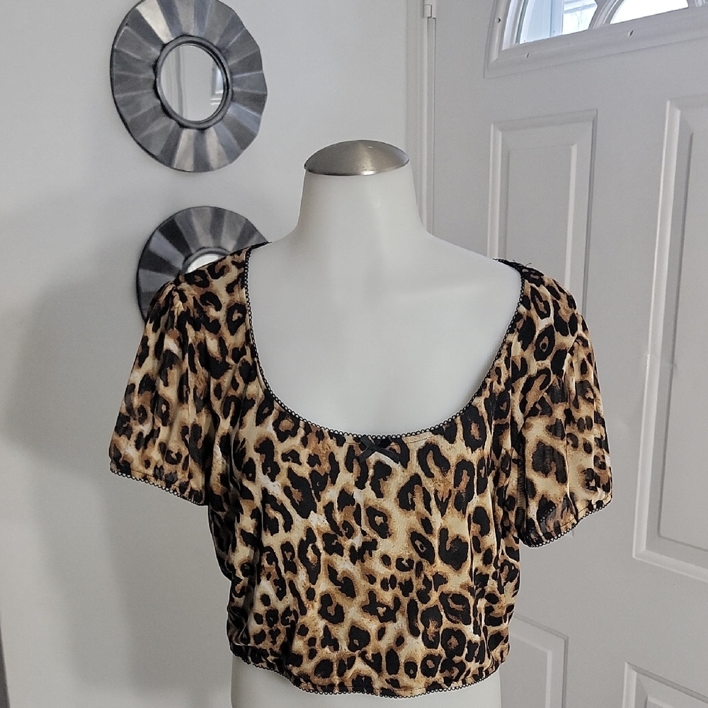 A&E  Studio Crop Elastic Waist Short SLeeve Leopard Print Women's Top XL